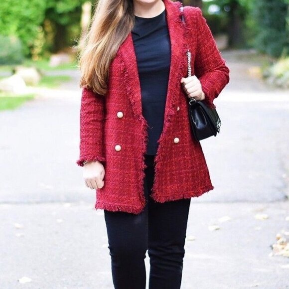 Zara Blogger Favourite Long Tweed Blazer Burgundy - Picture 8 of 14
